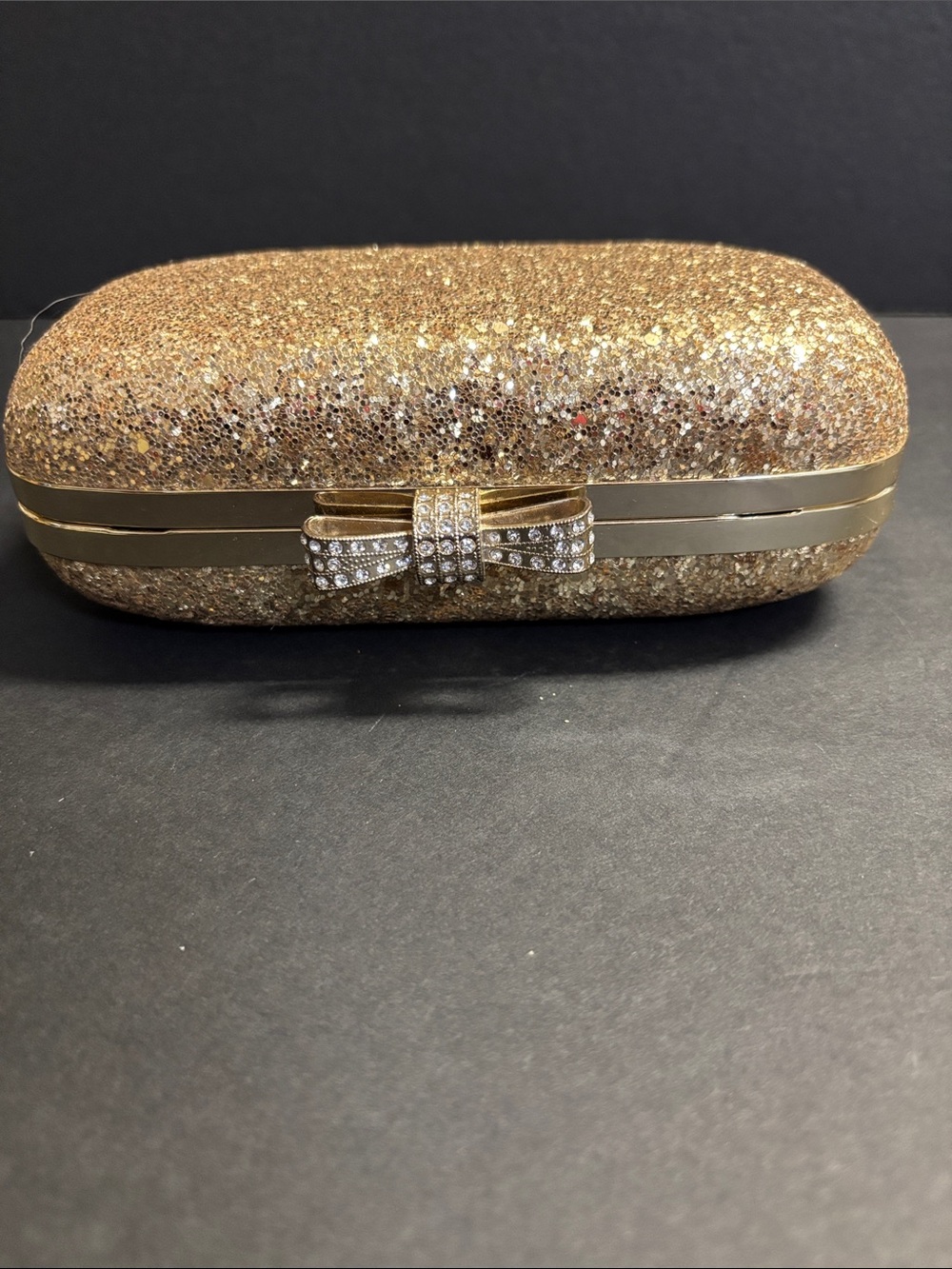 INC International Concepts Gold Glitter Bow Hardcase Clutch